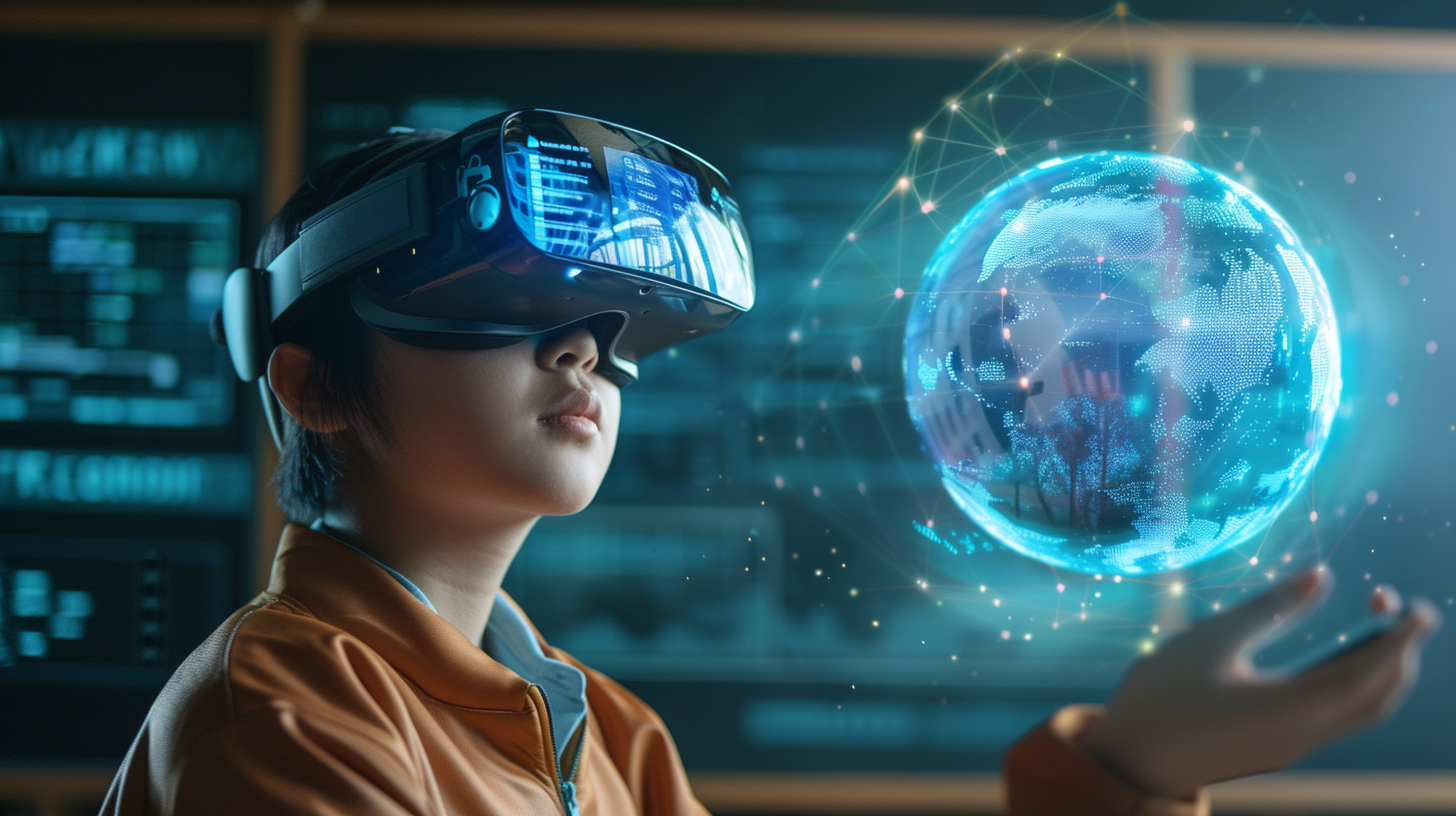 A young person using a VR headset, holding a glowing digital globe in their hand.